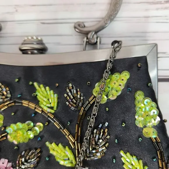 CEM Vintage Black Sequins Silver Handle Purse Mini Bag Floral - Picture 8 of 8
